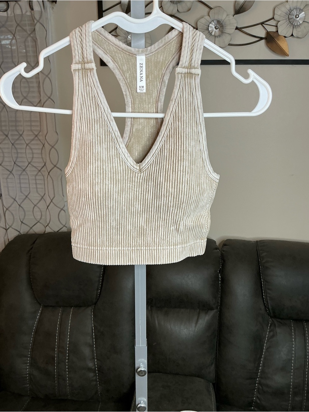 Zenana Outfitters Ribbed V-Neck Crop Tank in Beige